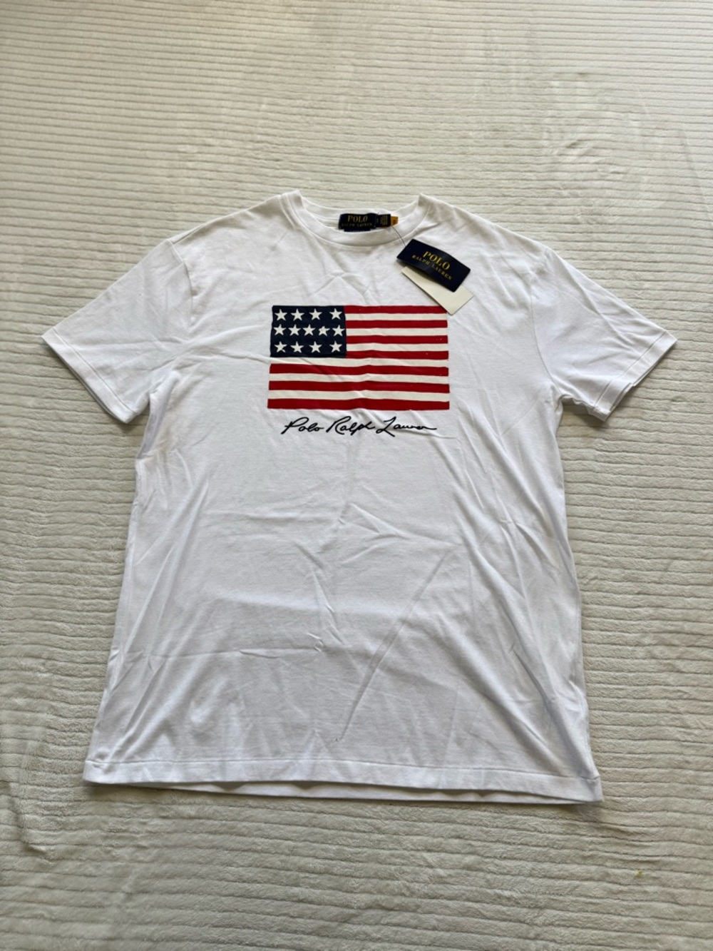 Ralph Lauren White Tee with Red & Blue Flag Graphic - Picture 3 of 7